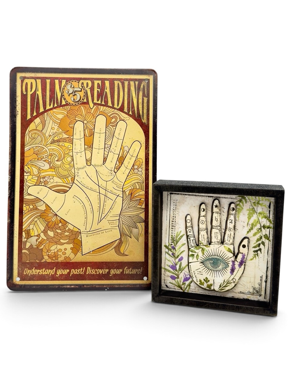 Vintage Style Palmistry Decor Set Palm Reading Tin Sign & Shadow Box Wall Art